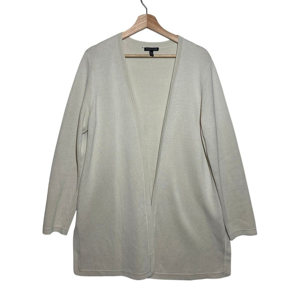 Eileen Fisher Silk Organic Cotton Interlock Open Front Long Cardigan Beige Sz M